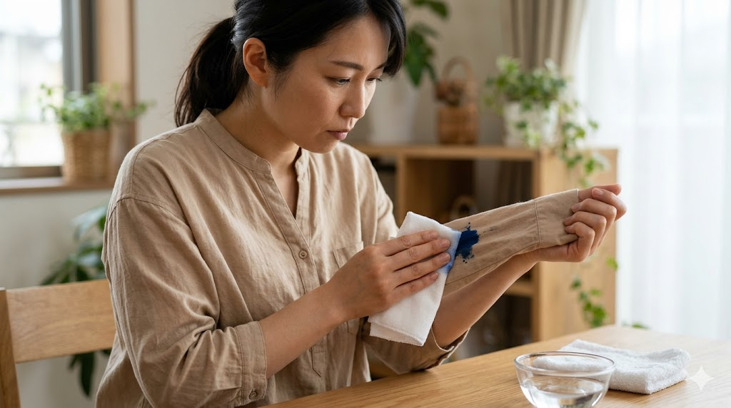 服や衣類についた際の応急処置を表すイメージ画像
