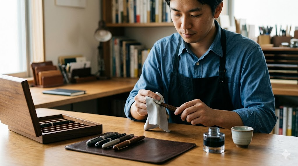 万年筆収納を長期間使わないときの手順を表すイメージ画像