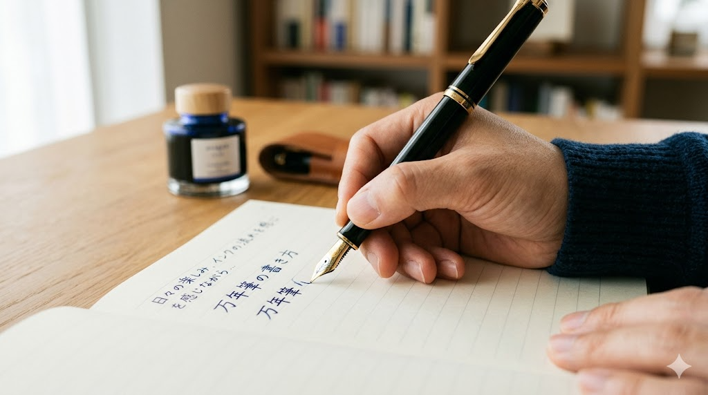 紙に対するペン先の角度と書き方を表すイメージ画像