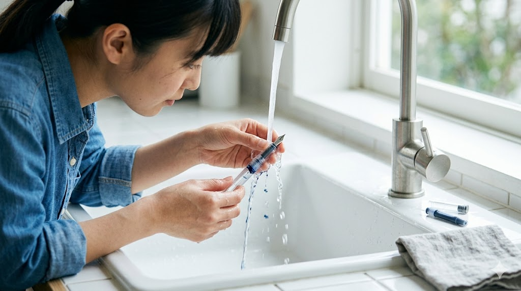 水洗いによるペン先の正しい洗浄方法を表すイメージ画像