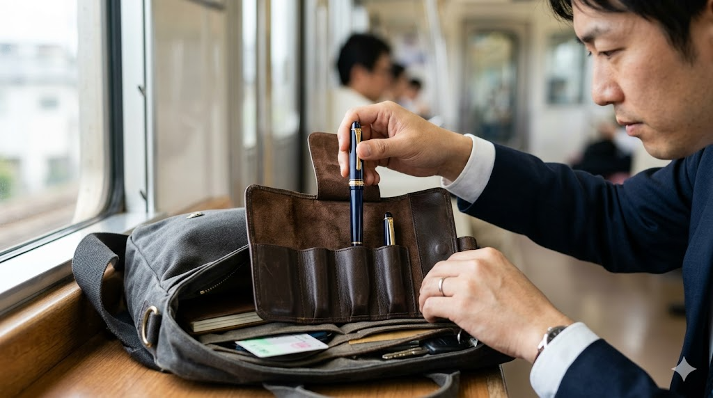 持ち運びの際に激しい振動から万年筆を守るポイントを表すイメージ画像