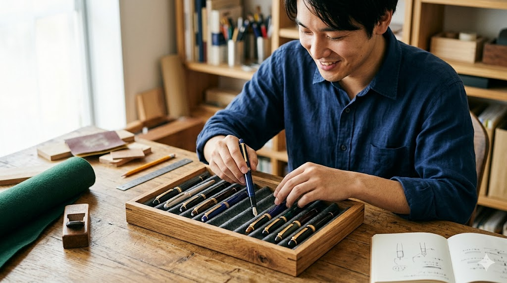自作のペントレイで楽しむDIY万年筆収納を表すイメージ画像
